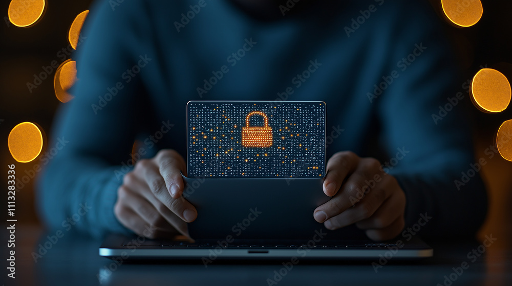 Poster secure online payment with digital lock on laptop screen
