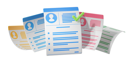 Resumes in various colors, featuring profile images and text sections, isolated on a white background, representing recruitment or job selection. 3D Rendering.