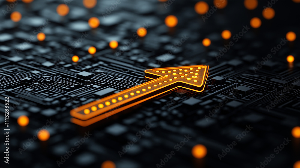 Poster digital art of upward arrow on circuit board background, symbolizing growth