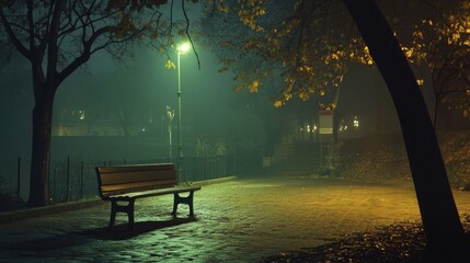 Foggy night park bench, solitary lamplight.