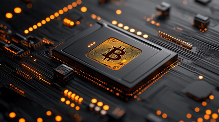 close up of futuristic circuit board featuring Bitcoin symbol, showcasing technology and finance
