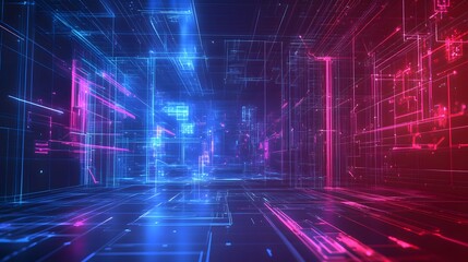 Abstract Digital Cityscape Neon Lights Glowing Structure