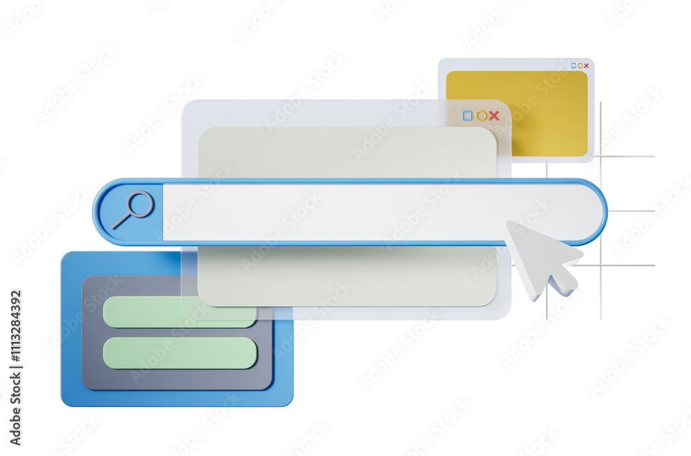 Poster modern 3d rendering of a search bar, cursor, and user interface elements isolated on a white backgro