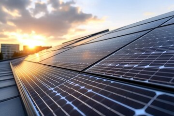 Rooftop Solar Panel Installation with Photovoltaic Cells Under Sunset Sky