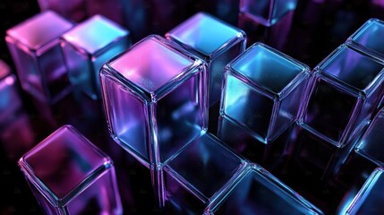 Futuristic Abstract Composition of Translucent Cubes with Neon Lighting in Blue and Purple