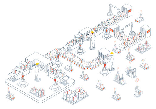 Smart Warehouse Technologies with agv robots, warehouse Automation System and Automated inventory control platforms. Vector illustration EPS 10