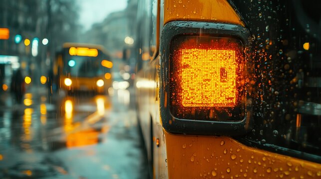 Charging status indicator pulsing on an electric bus close up, urban tech in motion, vibrant, Overlay, city transit hub backdrop