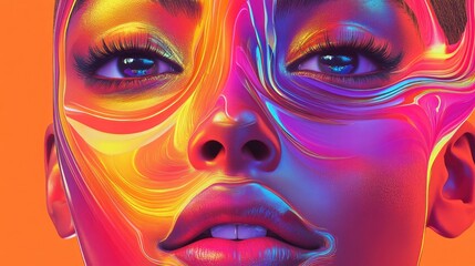 Obraz premium A vibrant, abstract portrait showcasing colorful patterns on a woman's face.