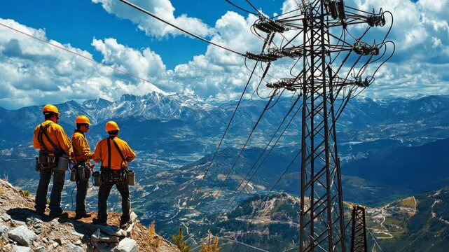 The final stages of a large electric pole installation project through a scenic mountain range, where engineers inspect the tension of the power lines before the system is activated.