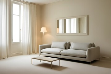 Minimalist living room with beige sofa, coffee table, floor lamp, and large mirror reflecting light from window.