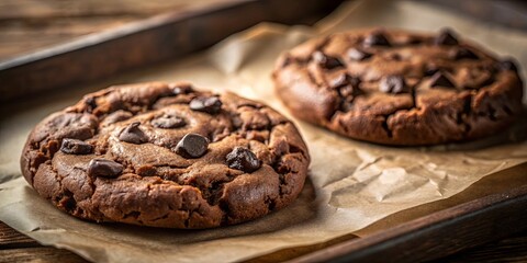 Close-up of Two Delicious Chocolate Chip Cookies on Baking Paper