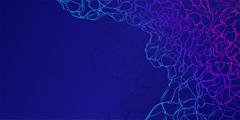 Abstract hand drawn neon neural network in dark blue background, gradient nerve illustration suitable for presentations, frames, social media posts, headers and footers invitations.