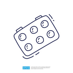 A simple line drawing of a rectangular object with six circular dots, resembling a toy or game piece.