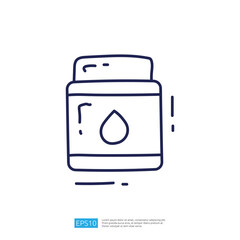 A simple line drawing of a jar with a droplet symbol, suggesting it contains a liquid or cream, possibly for skincare or cosmetic purposes.