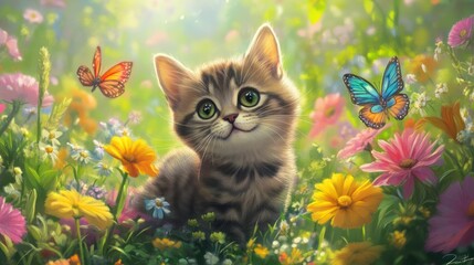 Cute Kitten in a Field of Flowers