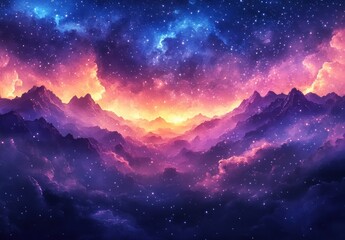 Fototapeta premium Dreamy Cosmic Landscape Watercolor Starry Night Sky Purple Blue