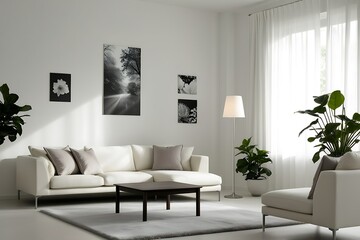 Modern minimalist living room with white sofa, coffee table, plants, and artwork.