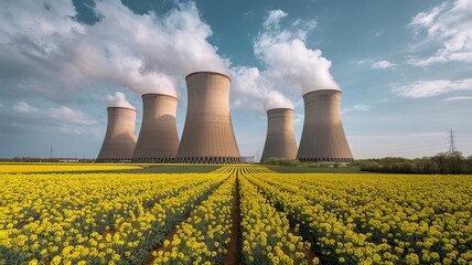 Powerful nuclear power plant towers over the industrial landscape, emitting steam into the blue sky