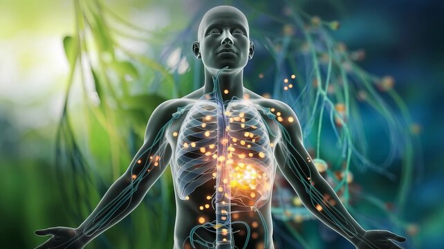 3D illustration of a simulation of the human body when it receives beneficial nutrients, vitamins and energy.