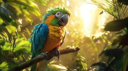 Obraz premium A colorful parrot perched on a branch, its feathers shining in vibrant shades of green, blue, and yellow. The bird chirps happily, surrounded by tropical plants