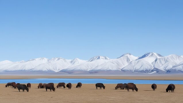 Panorama of Gurla Mandhata Mountain and a herd of yaks at Lake Manasarovar in Tibet.
