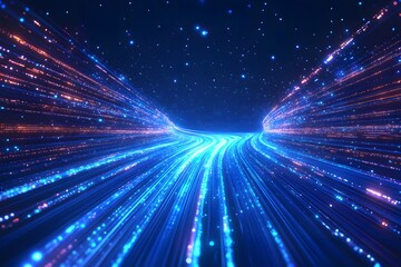 Obraz premium Futuristic Data Stream with Glowing Blue and Orange Light Trails in Space