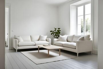 Minimalist living room with white sofas, wooden coffee table, and rug on light wood floor.