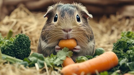 A cute guinea pig munching on fresh vegetables in its cage, surrounded by soft hay