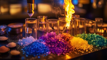 Colorful display of fire and crystal-like substances at a vibrant bar during a lively event
