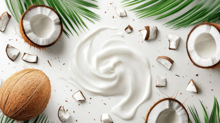 Coconut milk splash swirl realistic vector background. White liquid organic milk on background of tropical cracked and whole coconut with creamy texture and green palm leaves, vegan drink design pack