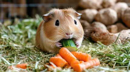 A cute guinea pig munching on fresh vegetables in its cage, surrounded by soft hay