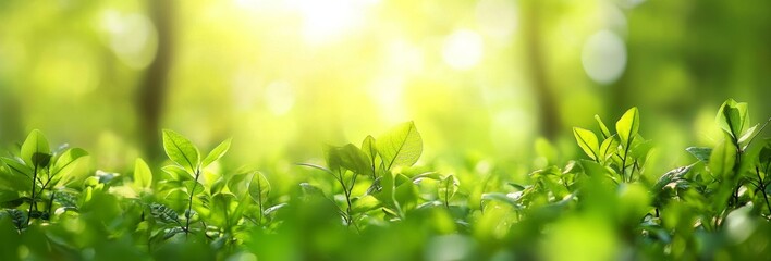 Lush Green Forest with Sunlight Filtering Through Trees Creating a Serene Woodland Background