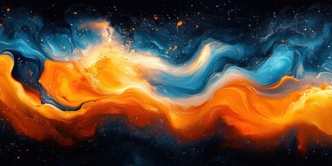 Vibrant Orange Blue Abstract Fluid Art Swirl with High Contrast Lighting Dynamic Composition and Modern Expressionism Influence