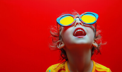 Obraz premium Laughing child on colorful, crazy red background, room for text