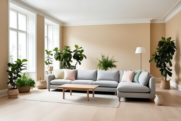 Light grey sectional sofa in modern living room with plants, large windows, and beige walls.