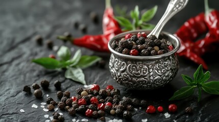 Fototapeta premium Black Peppercorns in a Silver Bowl
