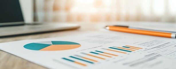 Pie chart overlay on business plan documents, modern office background, Business plan pie chart, strategic planning