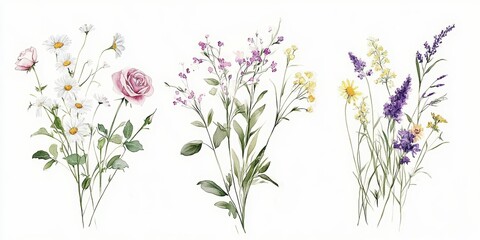 Beautiful Watercolor Bouquet Collection of Wildflowers with Pink Purple and Yellow Blooms and Green Leaves