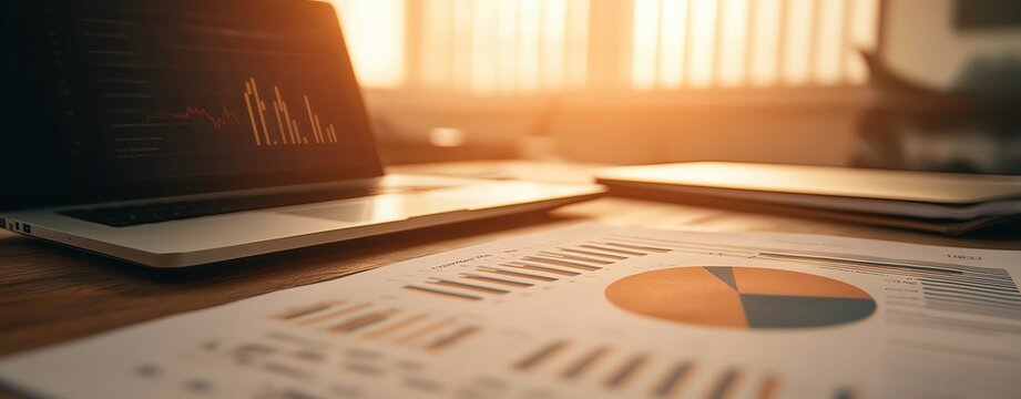 Pie chart on a desk with financial reports and a laptop, warm lighting, Business plan pie chart, analytical workspace