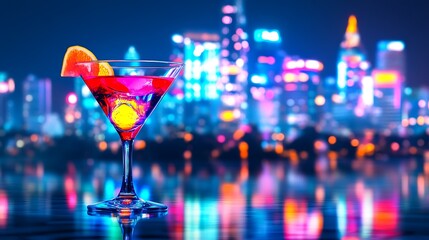 colorful drink in martini glass and big night city, showcasing fancy drink, nightclub and party
