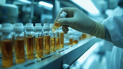 Close up of Hands with sanitary gloves examining Medical vials on a production line, showcasing pharmaceutical production in a pharmaceutical factory