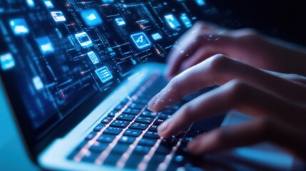 Digital World at Your Fingertips:  A Close-Up of Hands Typing on a Laptop with a Futuristic Interface.