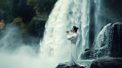 Fototapeta premium Man in traditional Chinese hanfu stands on a rocky cliff drinking water in front of a powerful misty waterfall.