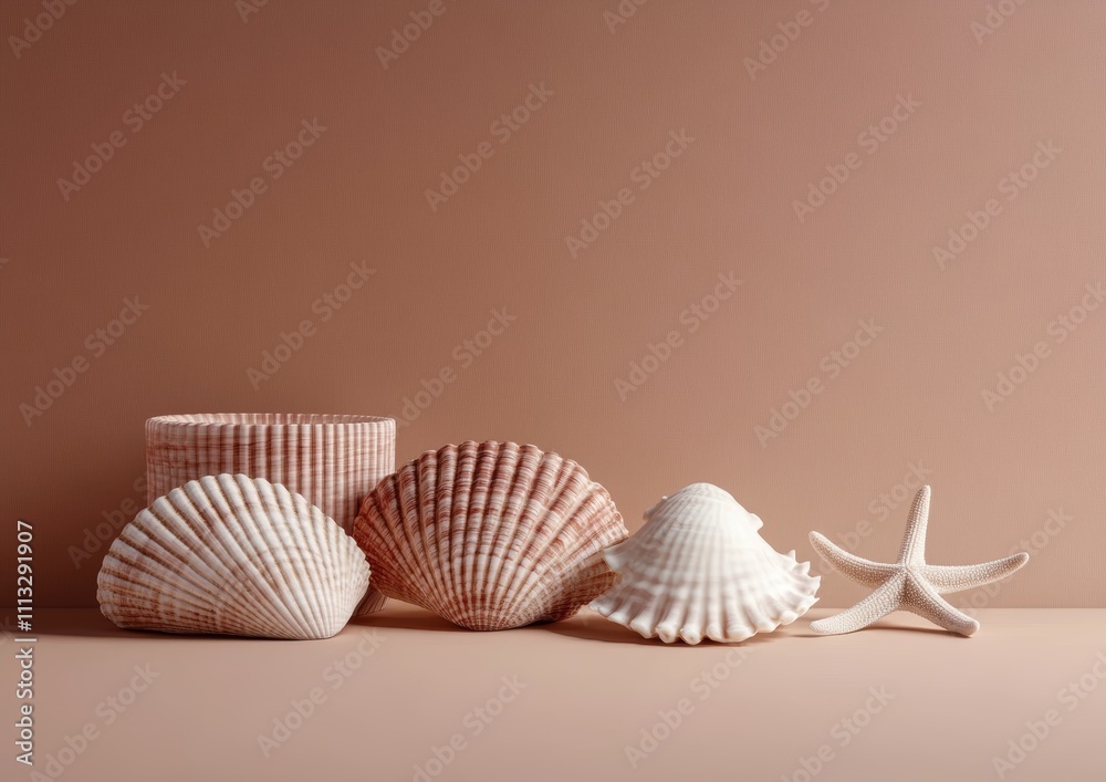 Poster 3D Minimalist Seashells and Starfish Display on Beige Stand with Gradient Brown Background