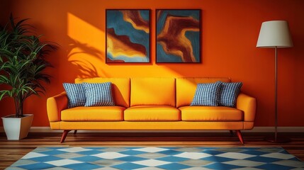 Cozy Living Room with Orange Wall Modern Sofa Yellow Cushions Floor Lamp Abstract Art Rug