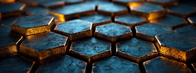 Hexagonal Metallic Textured Wall with Golden Highlights and Dramatic Lighting