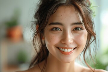 Fototapeta premium Beautiful Asian Woman Smiling with Perfect Teeth Touching Face Skin in Studio Portrait