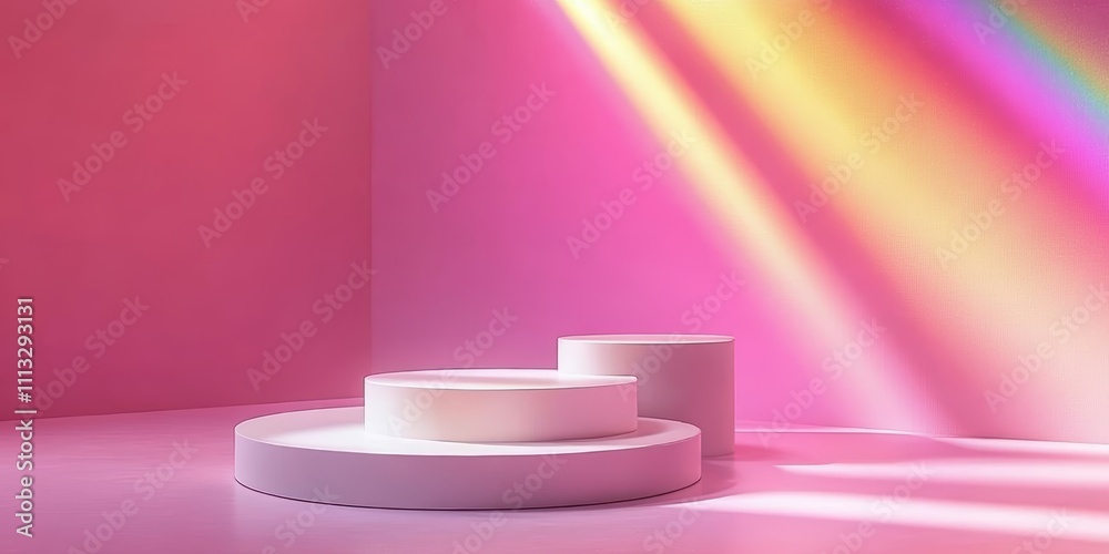 Aufkleber minimalist display of white circular platforms on pink gradient background with soft rainbow light