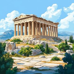 Fototapeta premium Ancient Parthenon at Acropolis in Athens, Greece - Vibrant Digital Illustration of Temple with Doric Columns and Scenic Landscape