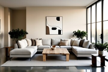 Modern living room with L-shaped sofa, wooden coffee table, abstract art, and potted plants.